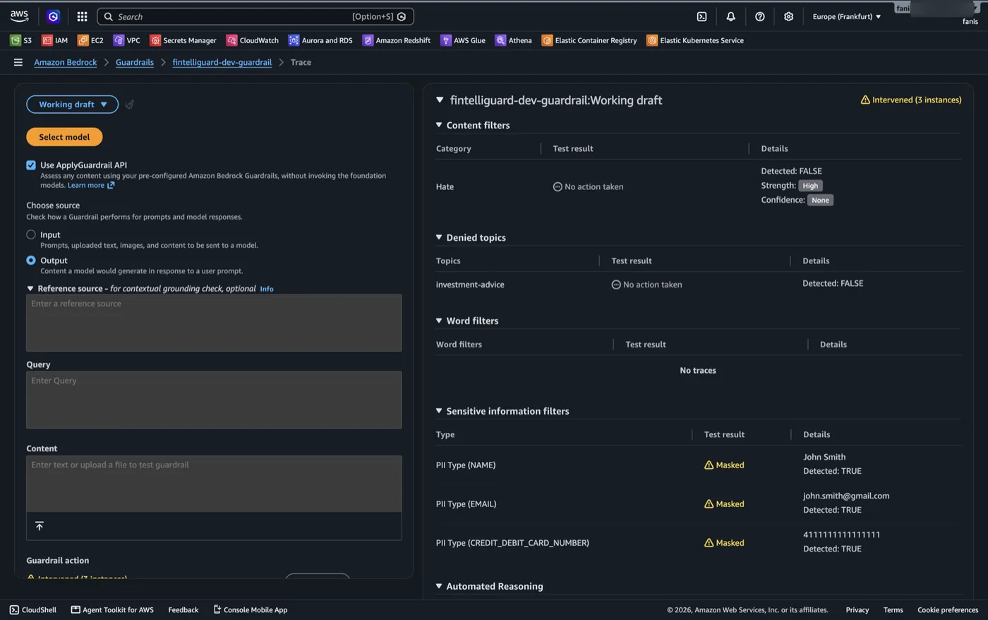 AWS Bedrock guardrail trace showing Intervened (3 instances): PII types NAME, EMAIL and CREDIT_DEBIT_CARD_NUMBER each Masked, all detected TRUE