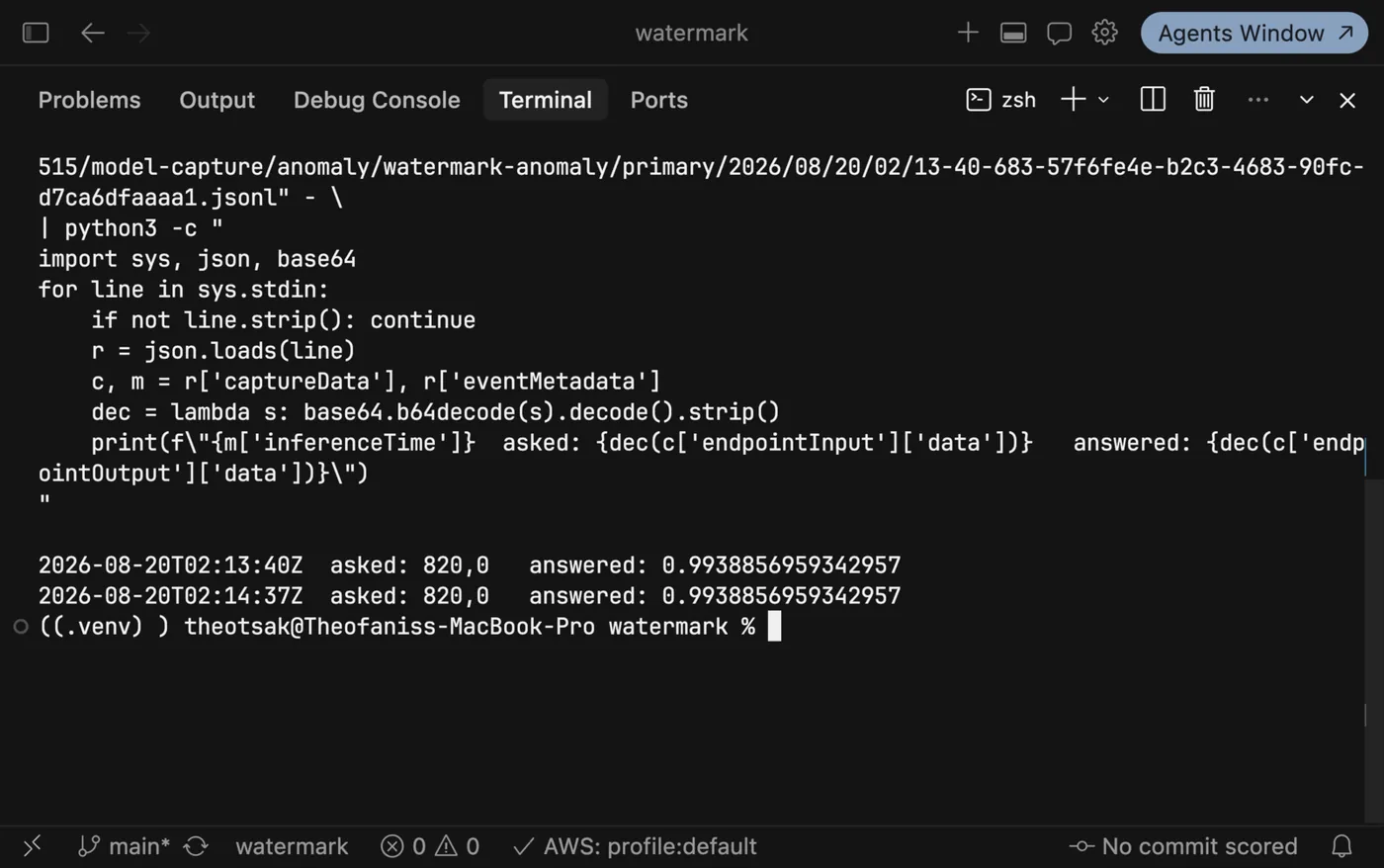 Decoded SageMaker data capture from S3: the endpoint was asked about a meter scoring 820 in tercile 0 and answered 0.9938856959342957, with an event id and a timestamp