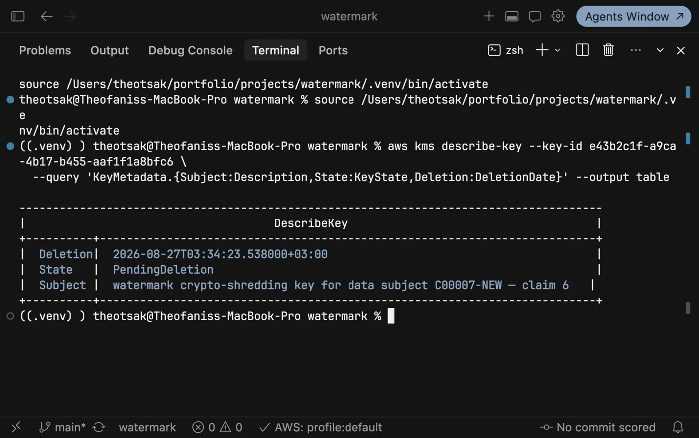 The subject's KMS key in PendingDeletion with a deletion date seven days out and a description naming the subject
