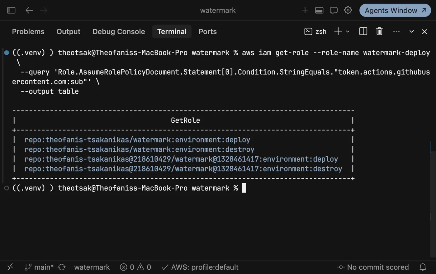 The deploy role's trust policy: four GitHub OIDC subjects, all scoped to repo:…/watermark:environment:deploy or destroy, through AssumeRoleWithWebIdentity
